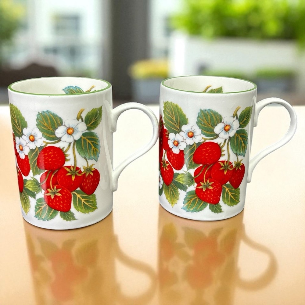 Crown Trent Strawberry (Green Trim) Mugs • 3‎ 7/8″ Fine Bone China, England (2)